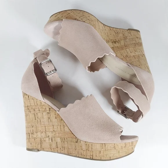 Marc Fisher HAYO Blush Pink Suede Cork Heel Wedges Scalloped Detail Size 11 - Picture 3 of 11